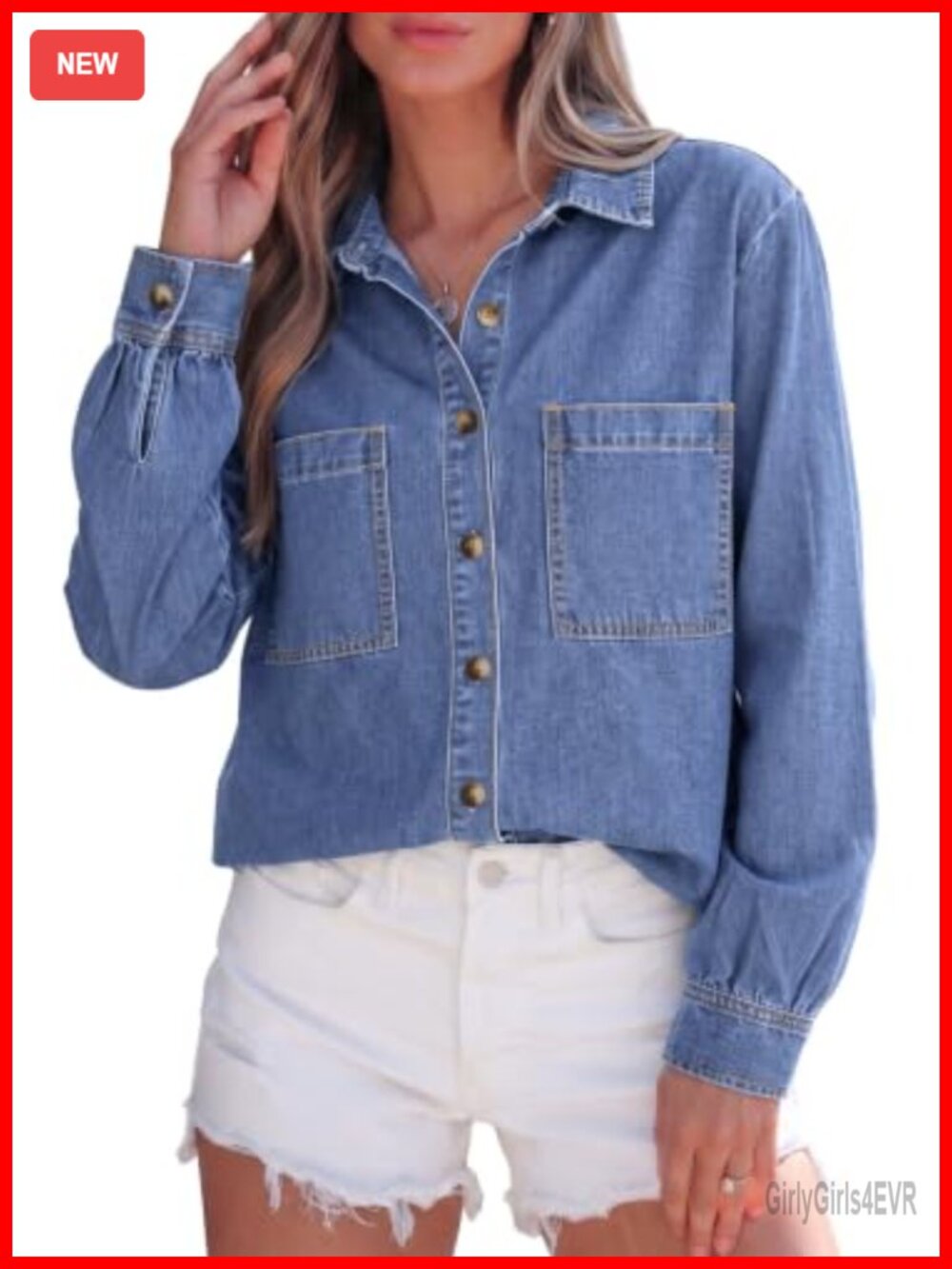 Womens Long Sleeve Button Down Denim Shirt Collared Blouse